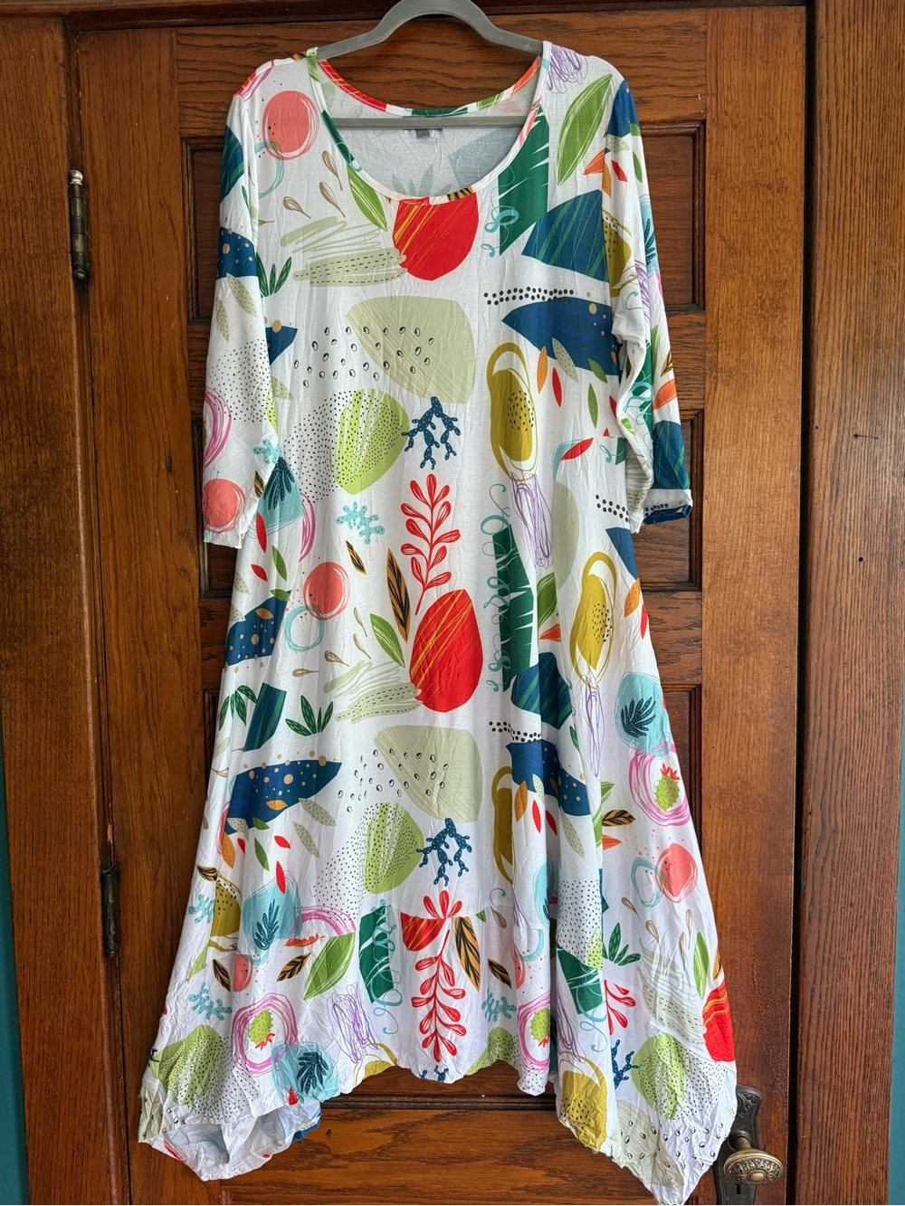 SHANA APPAREL Artsy Lagenlook Flowy Midi Dress Cactus Leaf Pattern 3/4 Sleeves